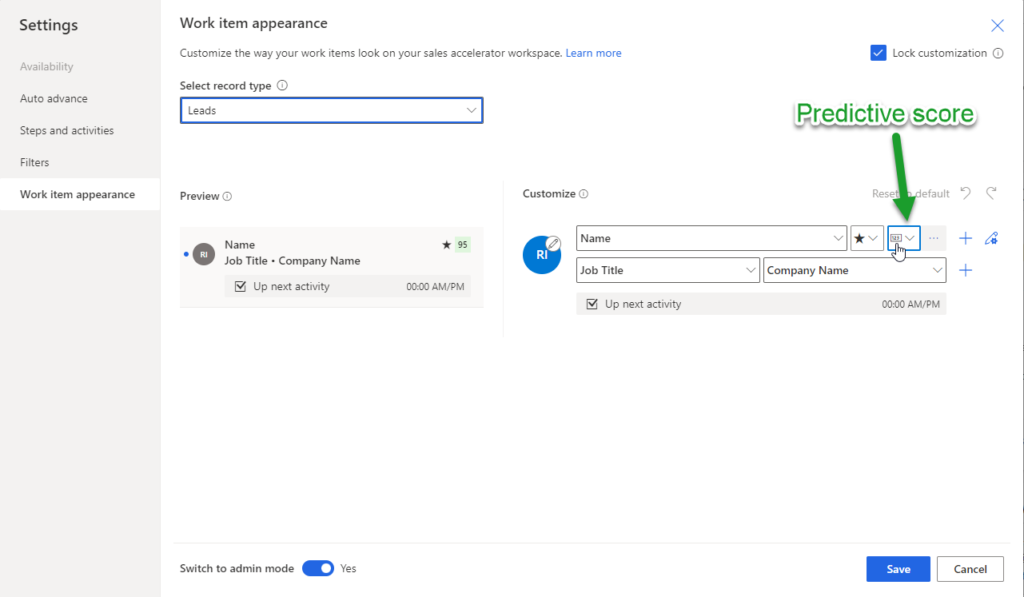 image points out that Predictive score is showing on the work item appearance